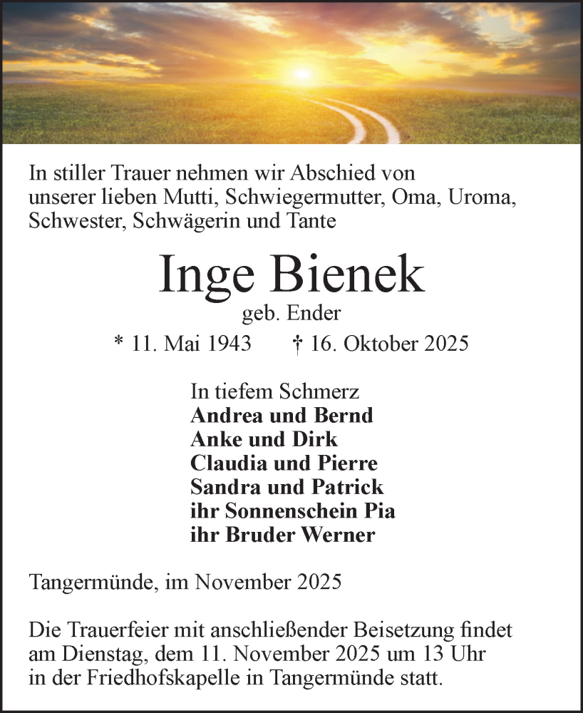  Traueranzeige für Inge Bienek vom 08.11.2025 aus Volksstimme Altmark Ost