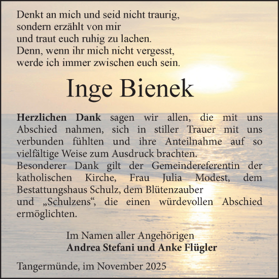 Traueranzeige von Inge Bienek von Volksstimme Altmark Ost