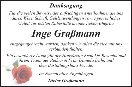 Traueranzeige von Inge Graßmann von Trauerkombi Dessau