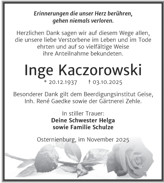 Traueranzeige von Inge Kaczorowski von Trauerkombi Köthen