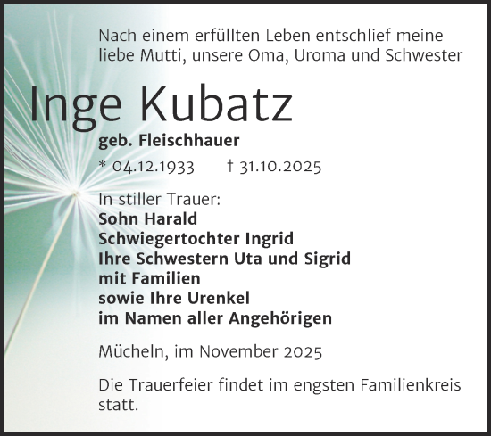 Traueranzeige von Inge Kubatz von Trauerkombi Merseburg
