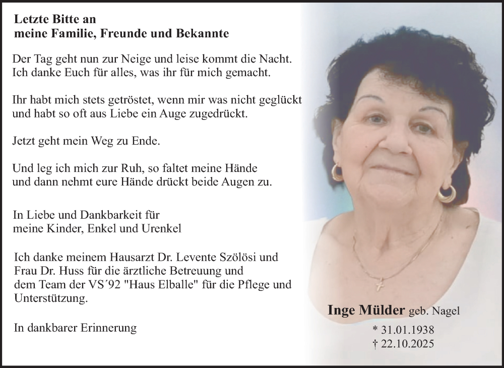  Traueranzeige für Inge Mülder vom 15.11.2025 aus Trauerkombi Dessau