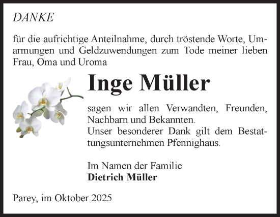 Traueranzeige von Inge Müller von Volksstimme Burg/Genthin