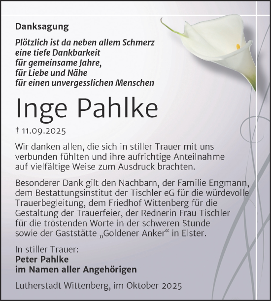 Traueranzeige von Inge Pahlke von Trauerkombi Wittenberg