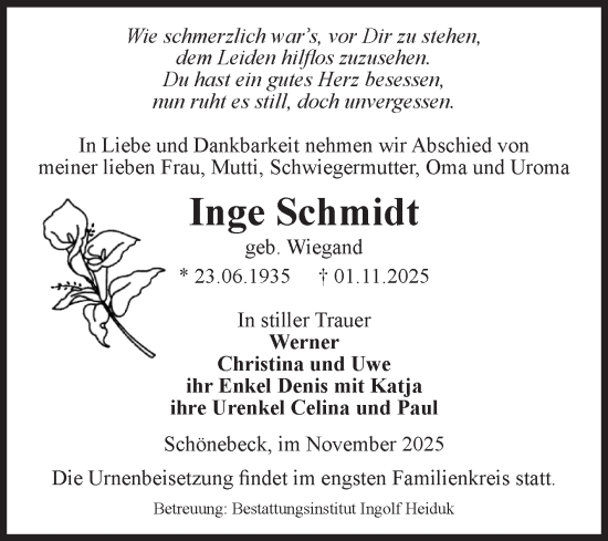 Traueranzeige von Inge Schmidt von Volksstimme Schönebeck