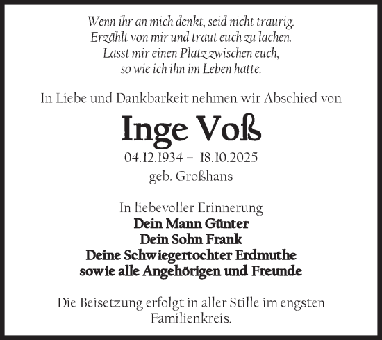 Traueranzeige von Inge Voß von Volksstimme Magdeburg
