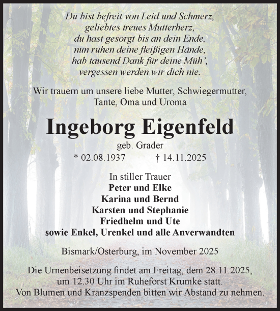 Traueranzeige von Ingeborg Eigenfeld von Volksstimme Altmark Ost