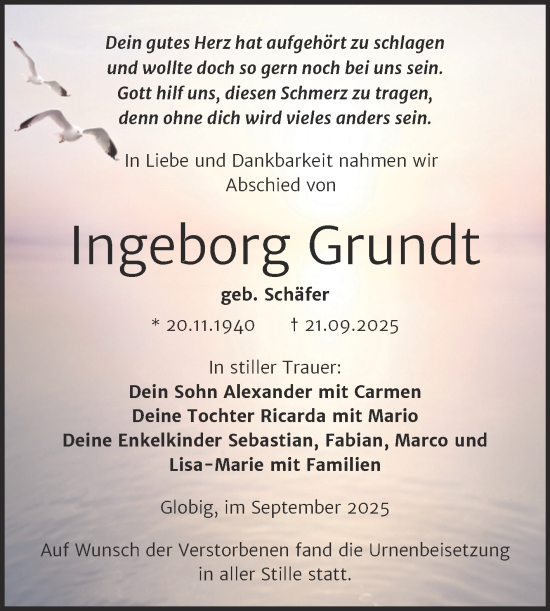 Traueranzeige von Ingeborg Grundt von Trauerkombi Wittenberg