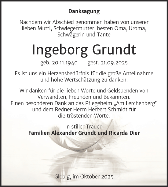 Traueranzeige von Ingeborg Grundt von Trauerkombi Wittenberg
