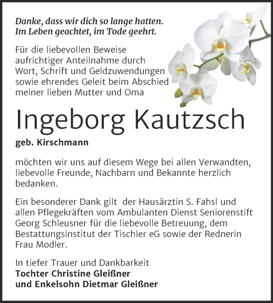 Traueranzeige von Ingeborg Kautzsch von Trauerkombi Wittenberg