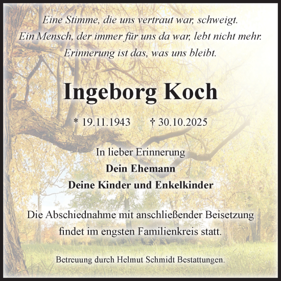 Traueranzeige von Ingeborg Koch von Volksstimme Schönebeck