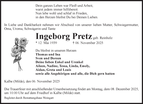 Traueranzeige von Ingeborg Pretz von Volksstimme Altmark West