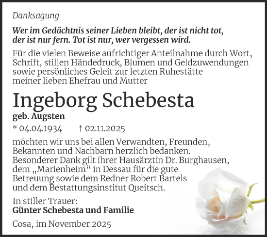 Traueranzeige von Ingeborg Schebesta von Mitteldeutsche Zeitung Dessau-Roßlau