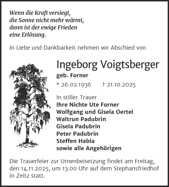 Traueranzeige von Ingeborg Voigtsberger von Trauerkombi Zeitz