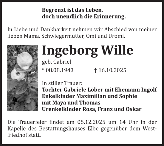 Traueranzeige von Ingeborg Wille von Volksstimme Magdeburg