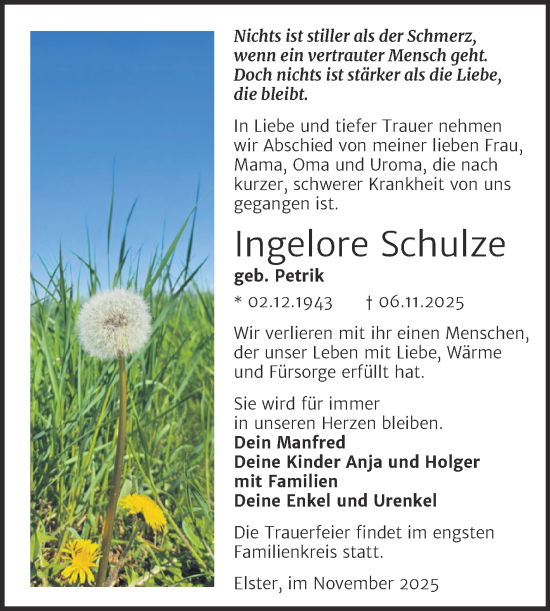 Traueranzeige von Ingelore Schulze von Super Sonntag Wittenberg