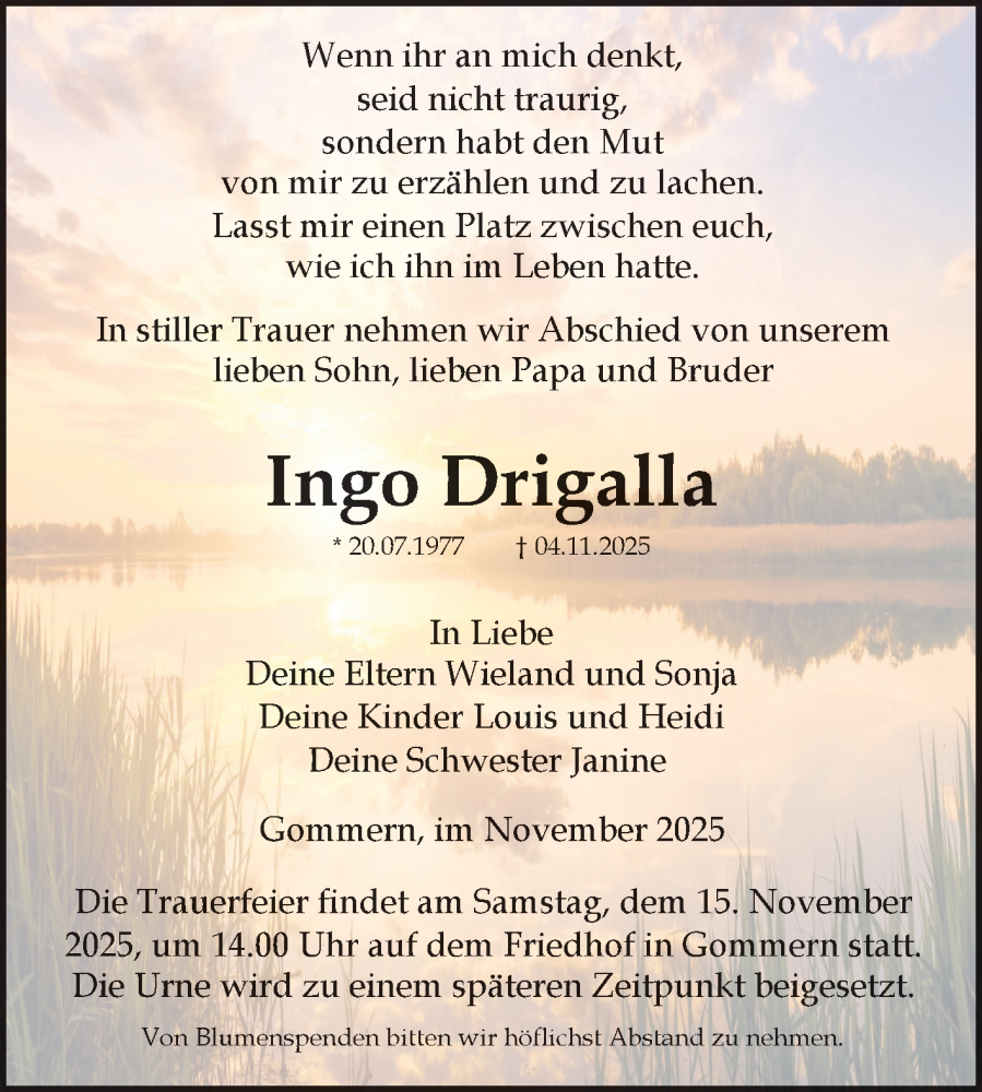  Traueranzeige für Ingo Drigalla vom 08.11.2025 aus Volksstimme Burg/Genthin