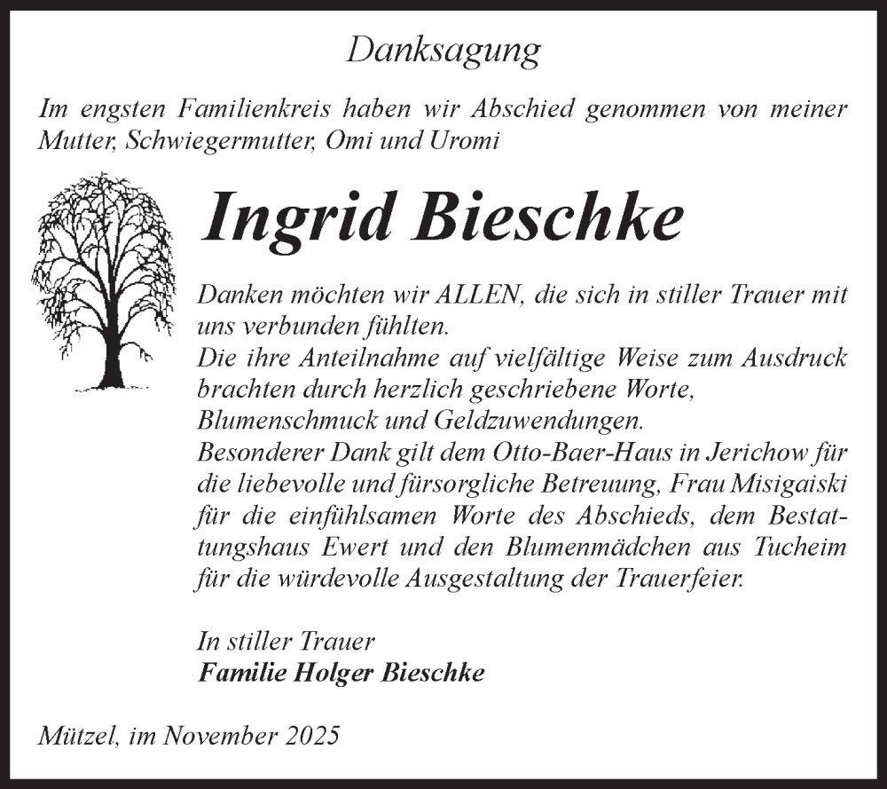  Traueranzeige für Ingrid Bieschke vom 22.11.2025 aus Volksstimme Burg/Genthin