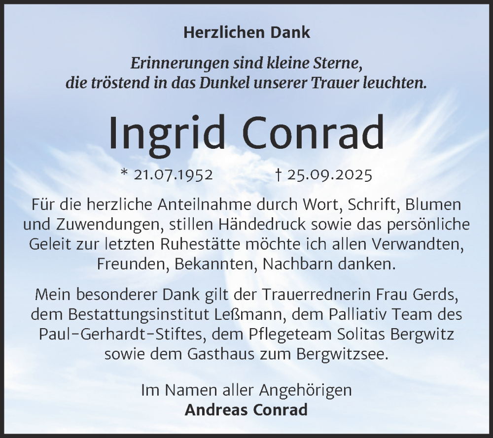  Traueranzeige für Ingrid Conrad vom 08.11.2025 aus Trauerkombi Wittenberg