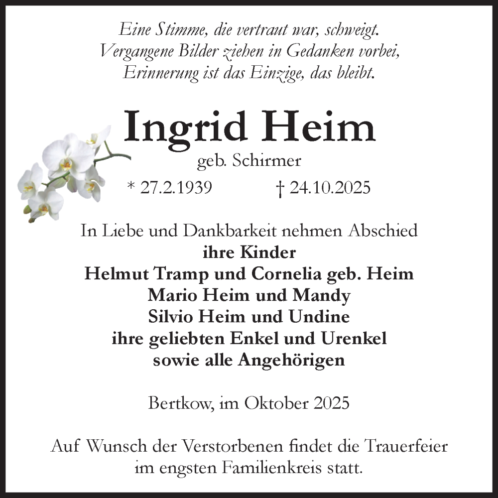  Traueranzeige für Ingrid Heim vom 01.11.2025 aus Volksstimme Altmark Ost
