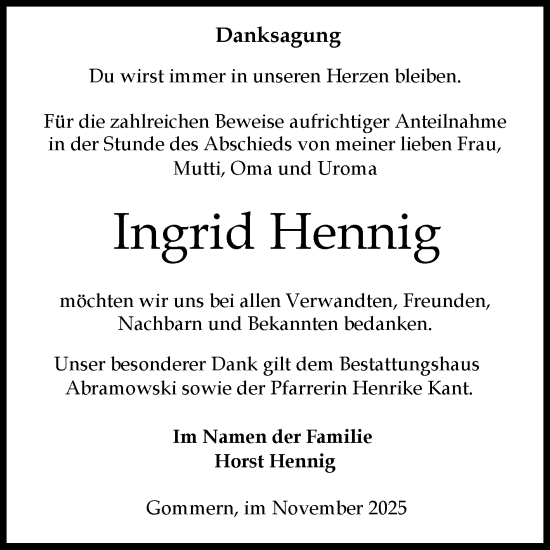 Traueranzeige von Ingrid Hennig von Volksstimme Burg/Genthin