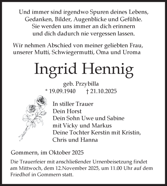 Traueranzeige von Ingrid Hennig von Volksstimme Burg/Genthin