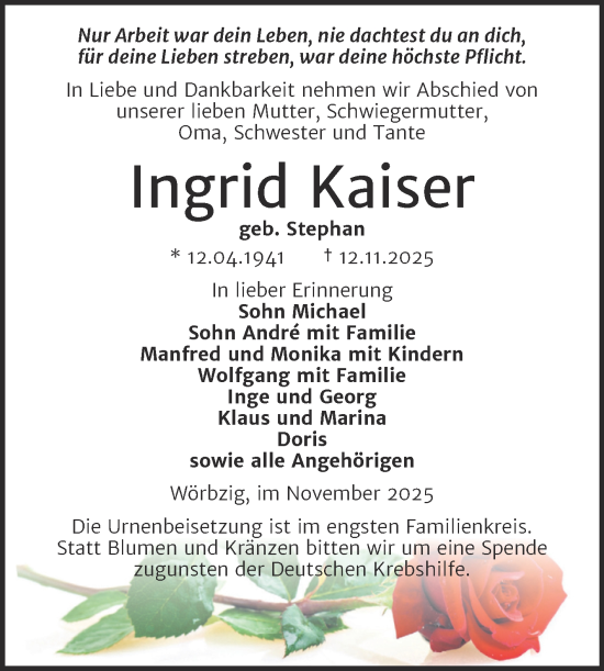 Traueranzeige von Ingrid Kaiser von Trauerkombi Köthen