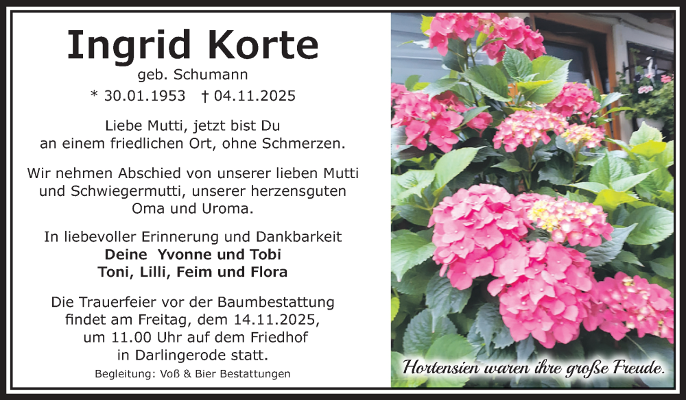  Traueranzeige für Ingrid Korte vom 08.11.2025 aus Volksstimme Wernigerode
