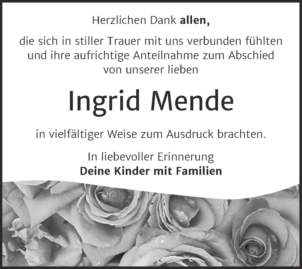  Traueranzeige für Ingrid Mende vom 22.11.2025 aus Trauerkombi Wittenberg