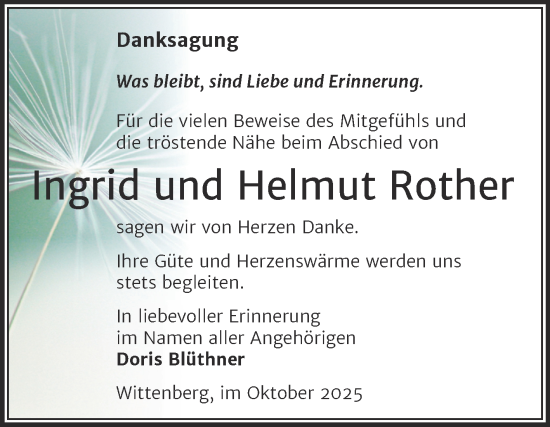 Traueranzeige von Ingrid Rother von Trauerkombi Wittenberg