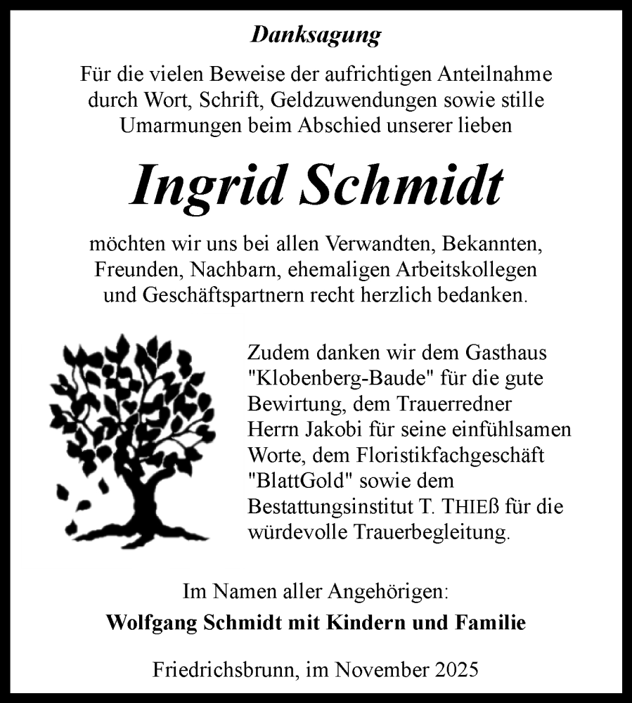  Traueranzeige für Ingrid Schmidt vom 22.11.2025 aus Trauerkombi Quedlinburg