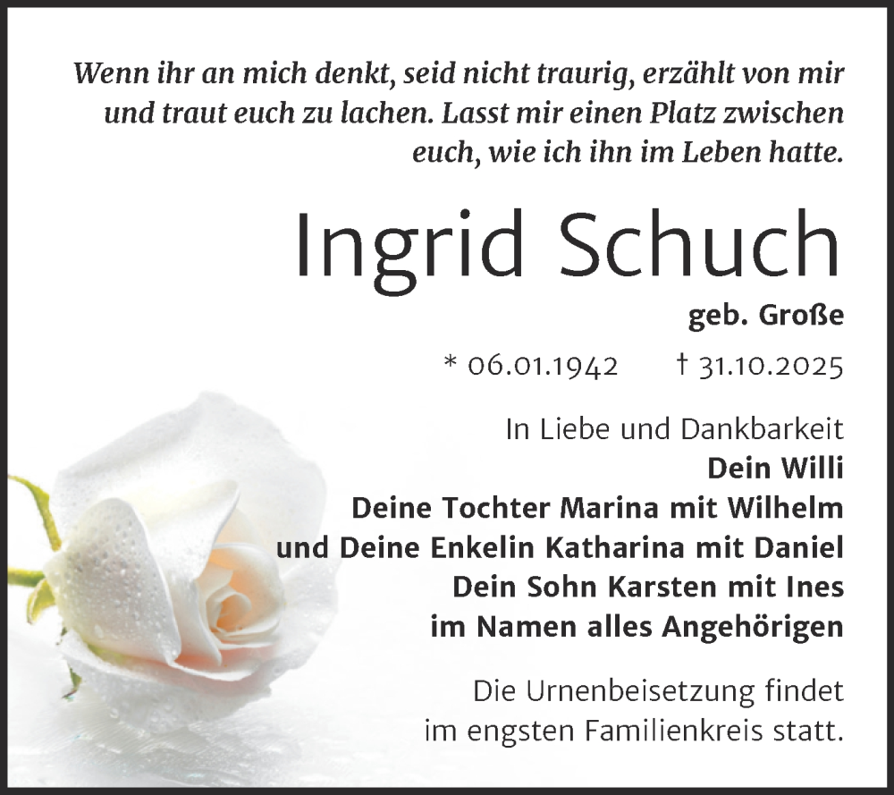  Traueranzeige für Ingrid Schuch vom 11.11.2025 aus Mitteldeutsche Zeitung Sangerhausen