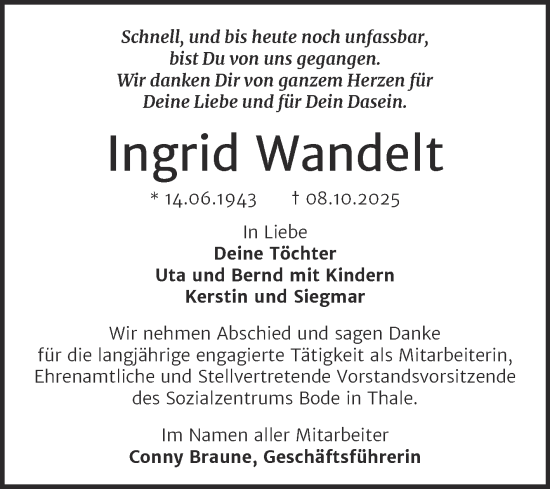 Traueranzeige von Ingrid Wandelt von Super Sonntag Quedlingburg