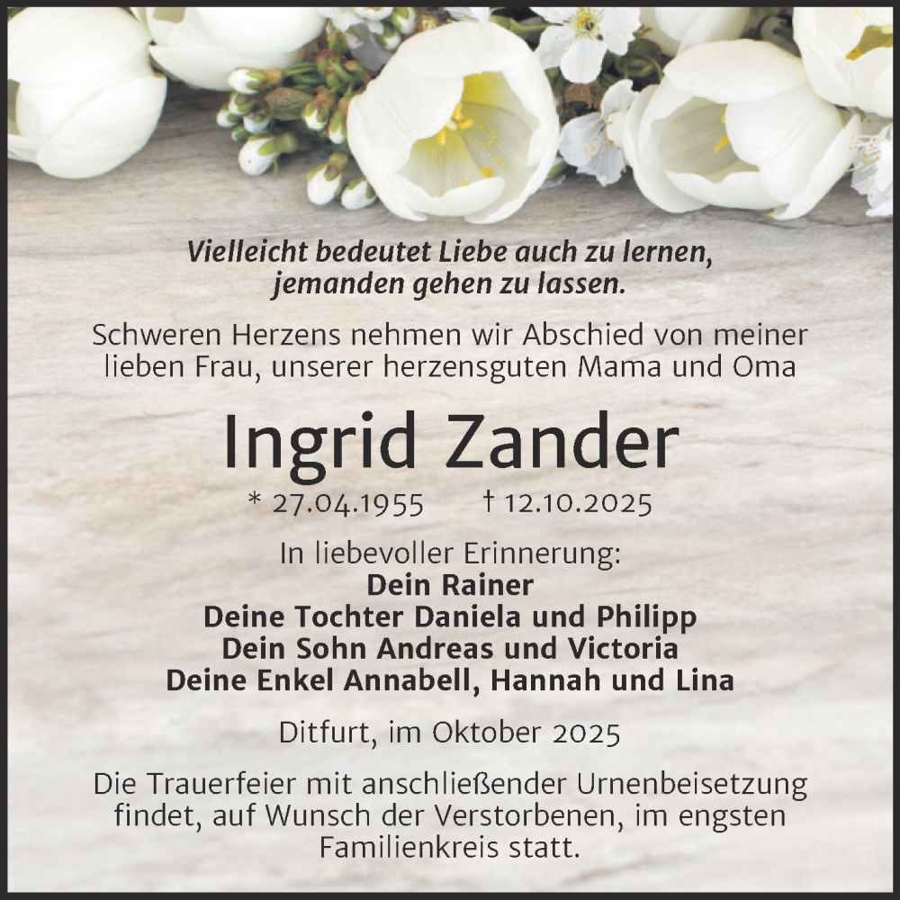  Traueranzeige für Ingrid Zander vom 01.11.2025 aus Trauerkombi Quedlinburg