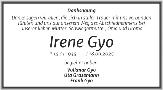 Traueranzeige von Irene Gyo von Trauerkombi Quedlinburg
