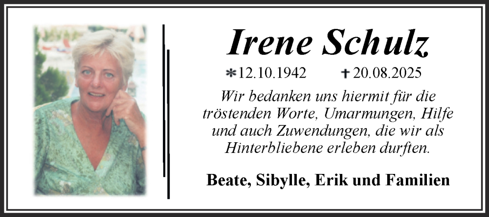  Traueranzeige für Irene Schulz vom 01.11.2025 aus Trauerkombi Dessau
