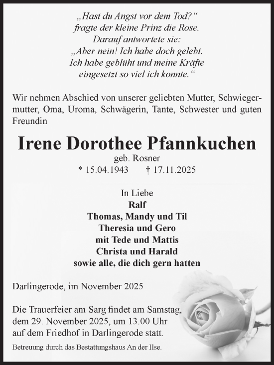 Traueranzeige von Irene Dorothee Pfannkuchen von Volksstimme Wernigerode