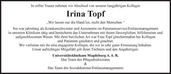 Traueranzeige von Irina Topf von Volksstimme Magdeburg