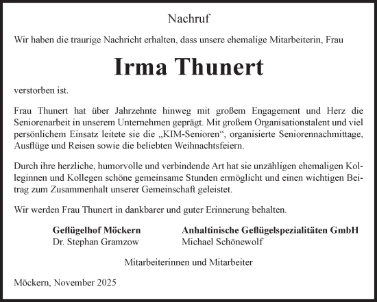 Traueranzeige von Irma Thunert von Volksstimme Burg/Genthin