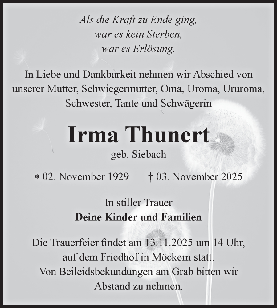 Traueranzeige für Irma Thunert vom 08.11.2025 aus Volksstimme Burg/Genthin