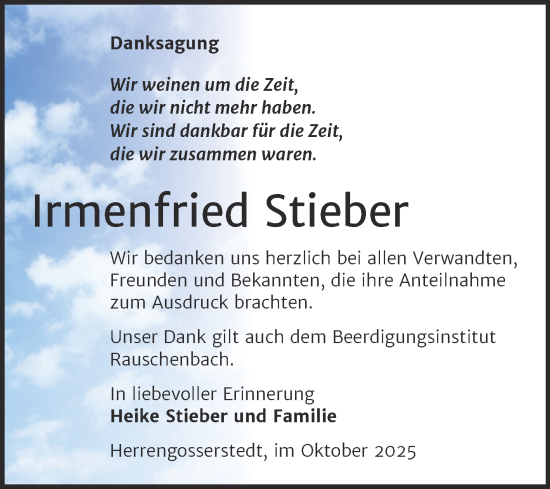 Traueranzeige von Irmenfried Stieber von Super Sonntag Naumburg/Nebra