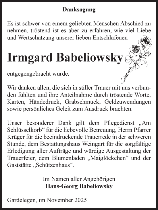 Traueranzeige von Irmgard Babeliowsky von Volksstimme Altmark West