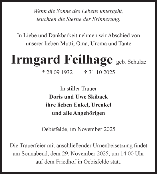 Traueranzeige von Irmgard Feilhage von Volksstimme Altmark West