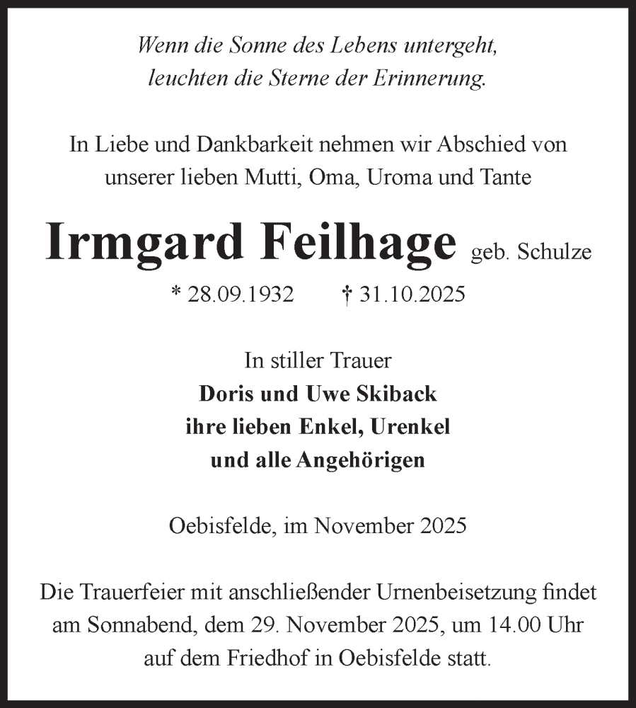  Traueranzeige für Irmgard Feilhage vom 08.11.2025 aus Volksstimme Altmark West
