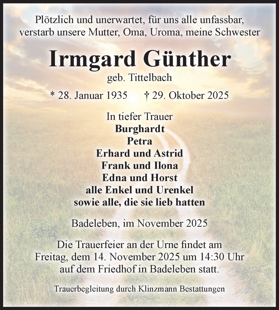  Traueranzeige für Irmgard Günther vom 08.11.2025 aus Volksstimme Oschersleben/Wanzleben