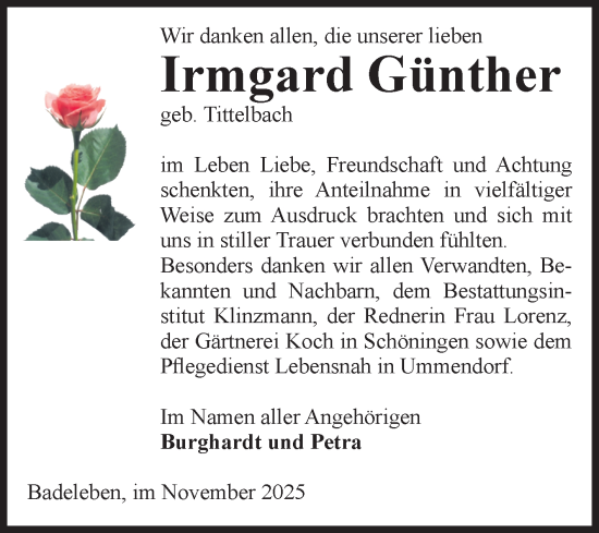 Traueranzeige von Irmgard Günther von Volksstimme Oschersleben/Wanzleben