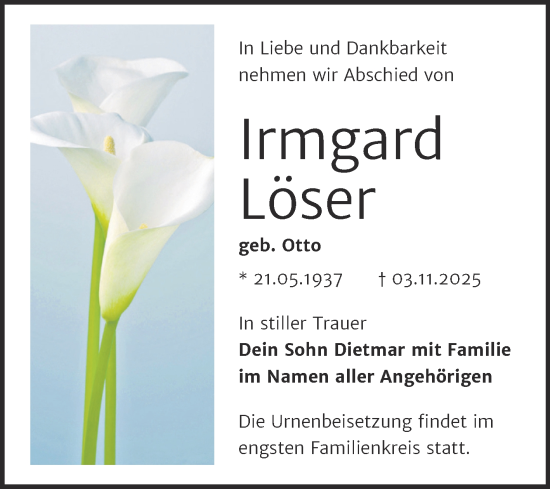 Traueranzeige von Irmgard Löser von Trauerkombi Wittenberg