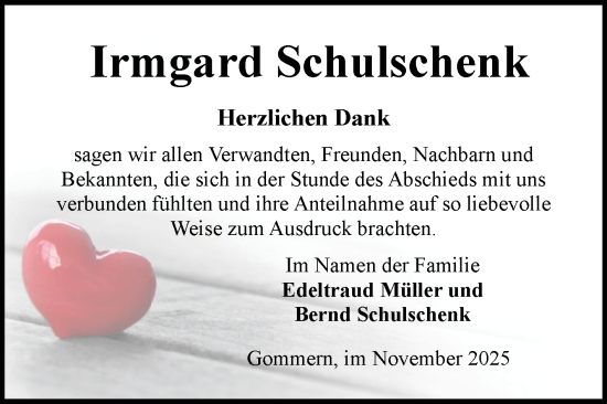 Traueranzeige von Irmgard Schulschenk von Volksstimme Burg/Genthin