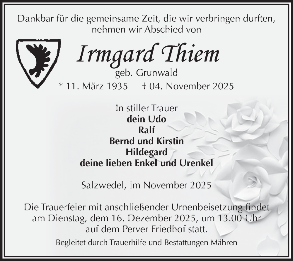 Traueranzeige für Irmgard Thiem vom 08.11.2025 aus Volksstimme Altmark West
