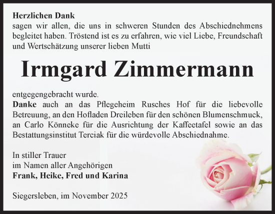 Traueranzeige von Irmgard Zimmermann von Volksstimme Oschersleben/Wanzleben